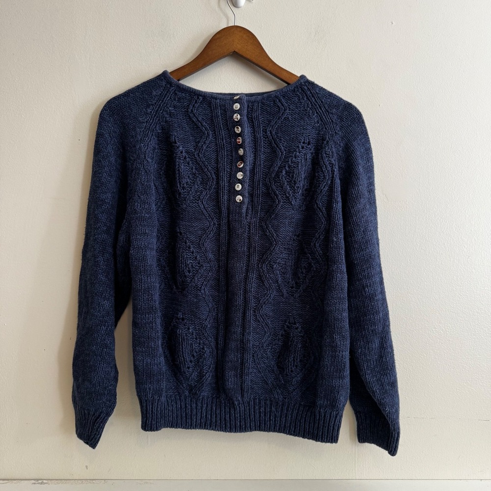 VTG Women's S Navy Blue Cable Knit Button Front Sweater Fisherman Cottagecore